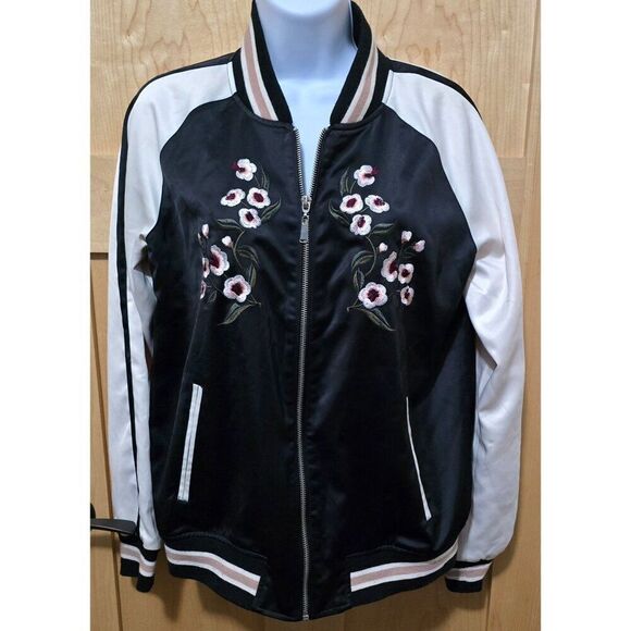 Embroidered Floral Satin Bomber Jacket With Striped Trim & Zipper Closure - Picture 1 of 9